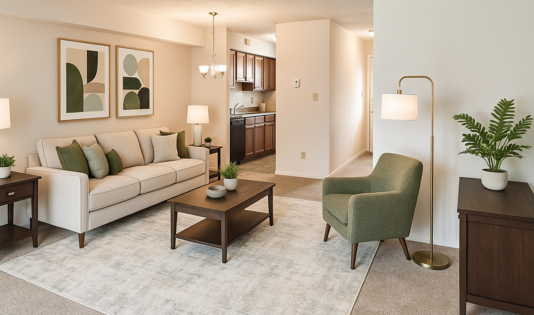 Staged apartment living room with plants and green decor