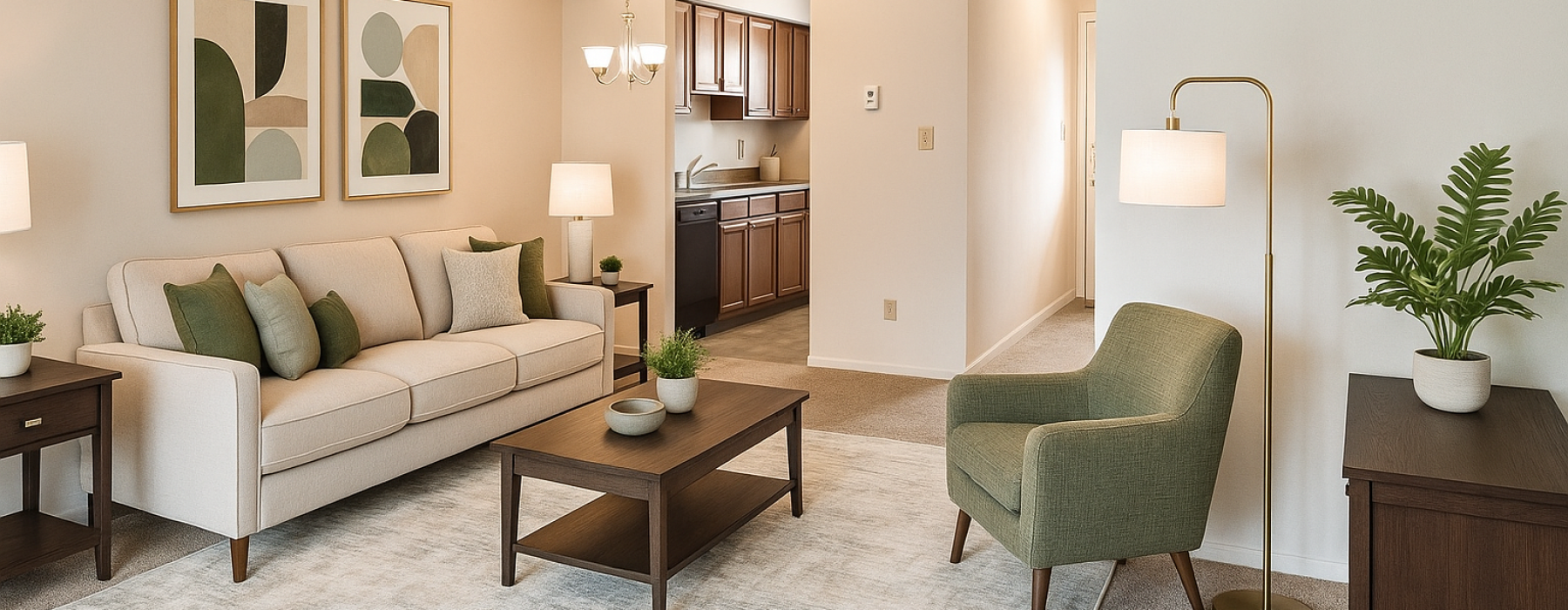 Staged apartment living room with plants and green decor